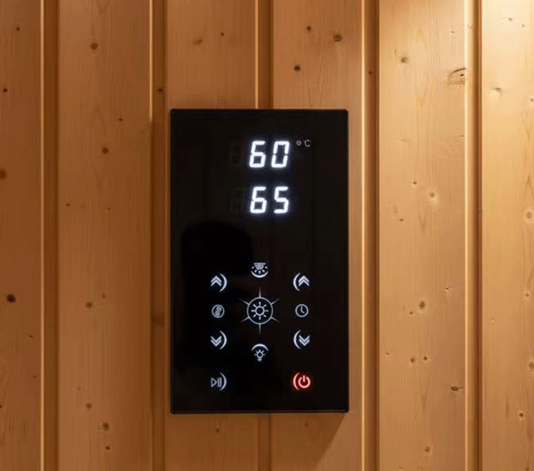 infrared sauna control panel showing buttons, temperature display, and timer for sauna repair