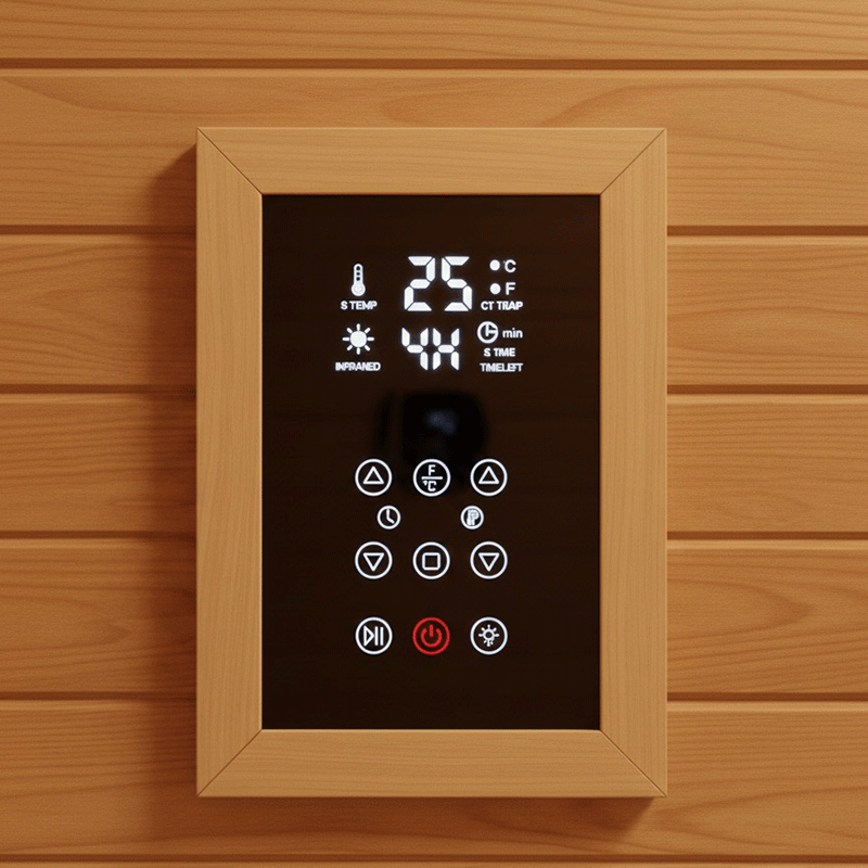 infrared sauna control panel showing buttons, temperature display, and timer for sauna repair